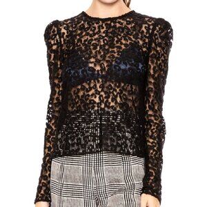 NWOT FLEUR DU MAL BLACK LEOPARD PTRN LACE PUFFY LONG SLEEVE BLOUSE SIZE M